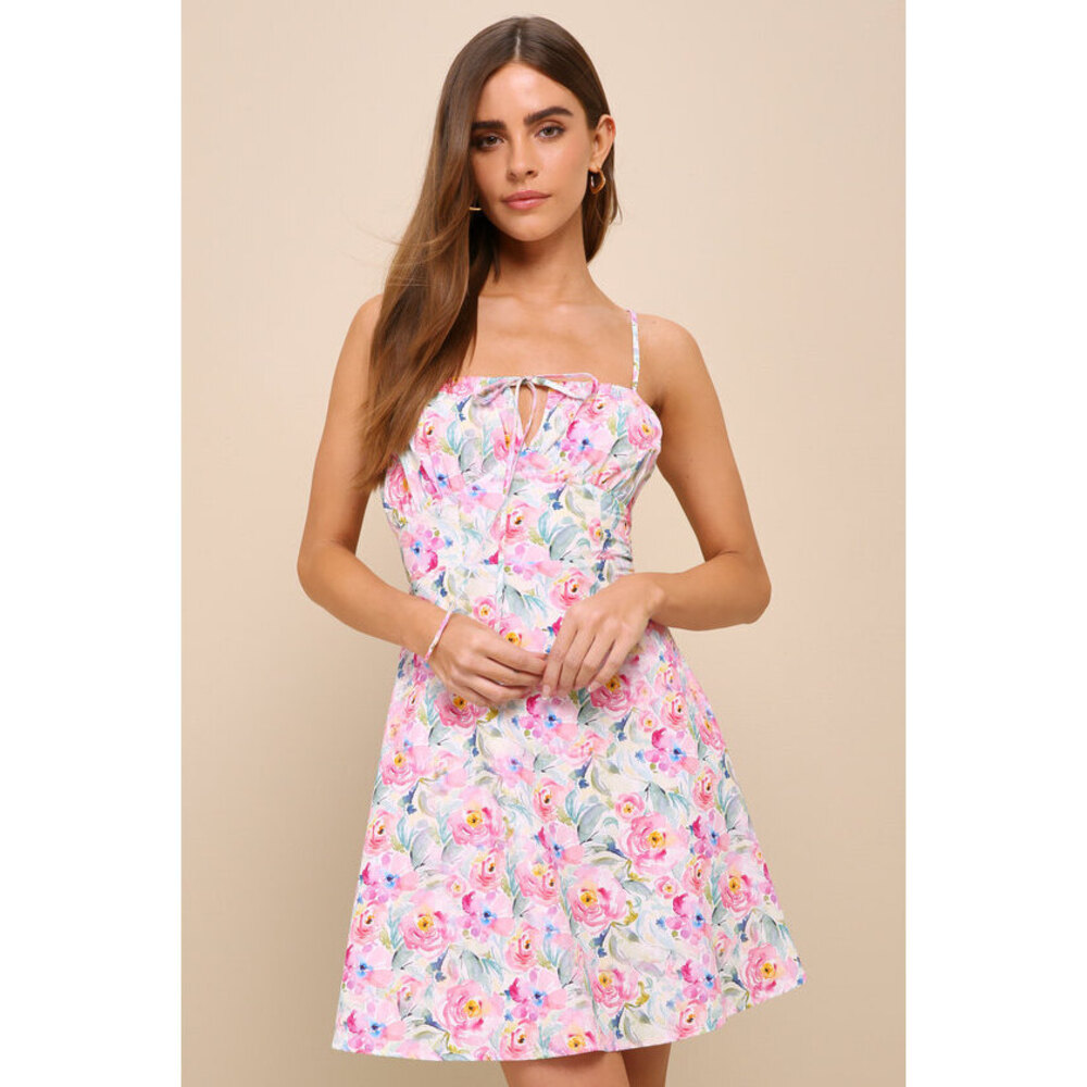 Lulus More Than Darling Pink Floral Cutout Lace-up Mini Dress - Size L